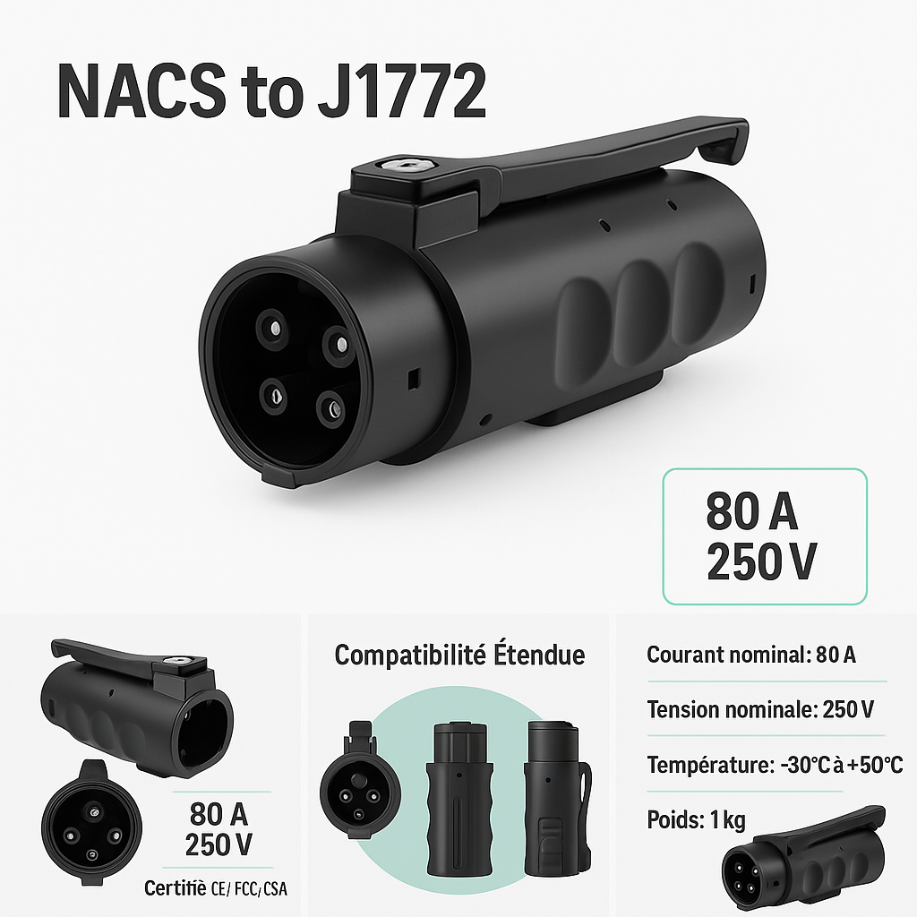 Adaptateur NACS (Tesla) vers J1772 – Puissance AC Max. 80A