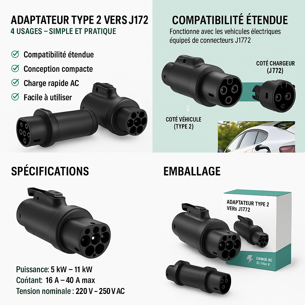 Adaptateur de Charge AC Type 2 (Mennekes) vers J1772 (Type 1) 32A 250V