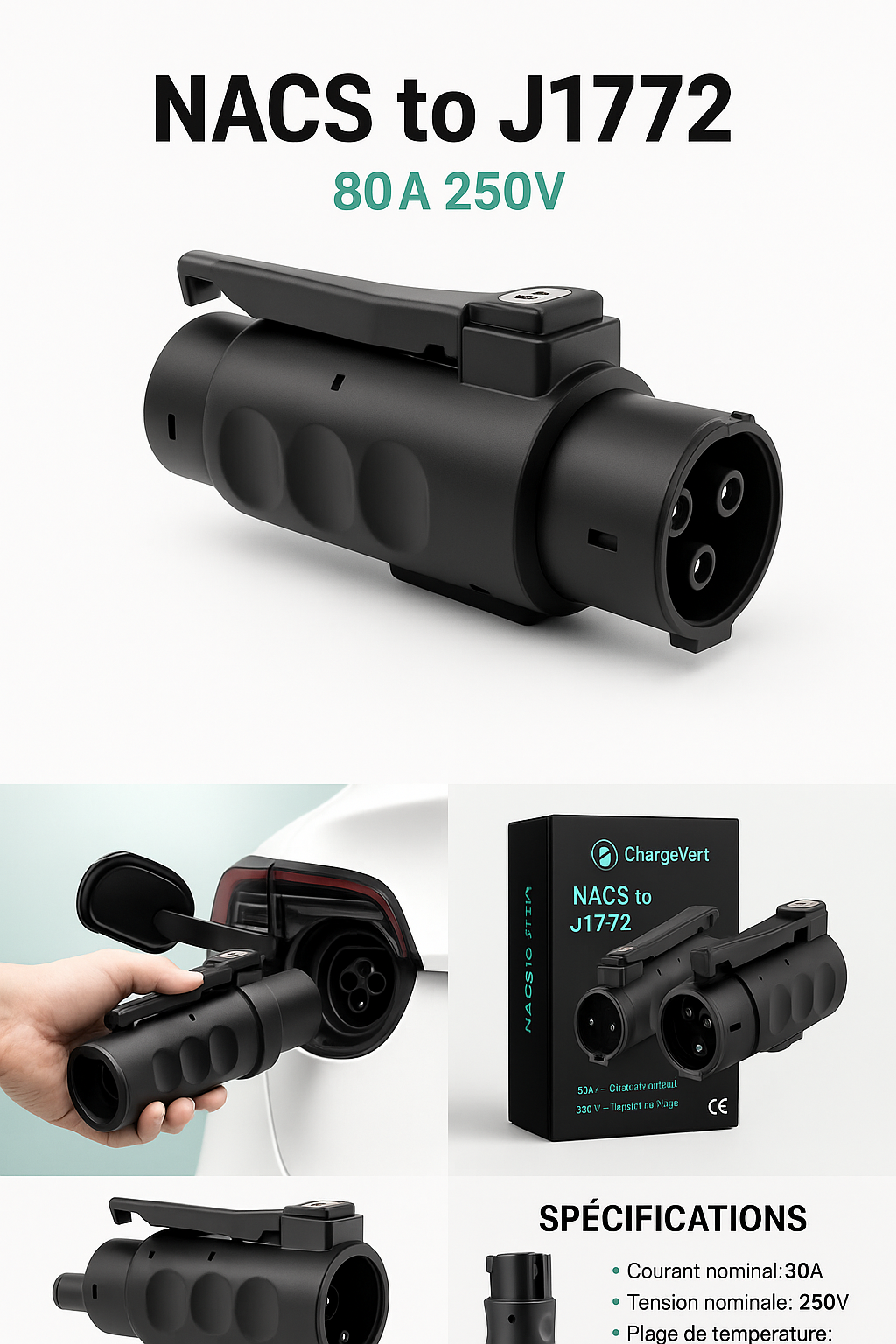 Adaptateur NACS (Tesla) vers J1772 – Puissance AC Max. 80A
