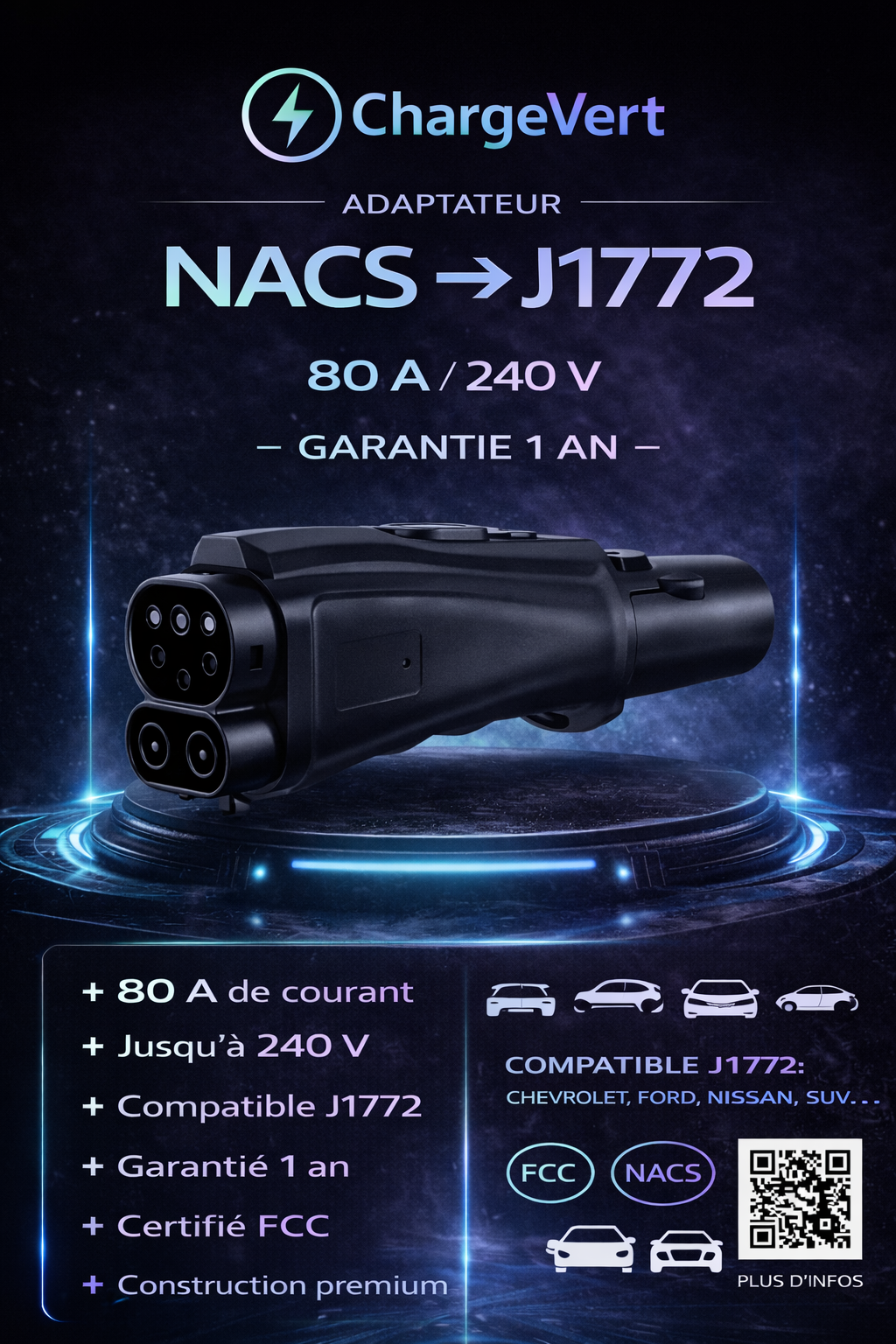Adaptateur NACS (Tesla) vers J1772 – Puissance AC Max. 80A