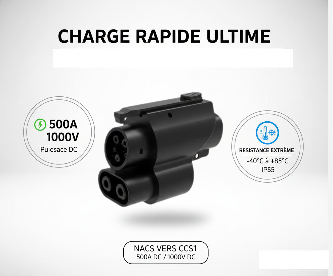 Adaptateur de Charge Rapide DC NACS (Tesla) vers CCS1 500A 1000V 250KW